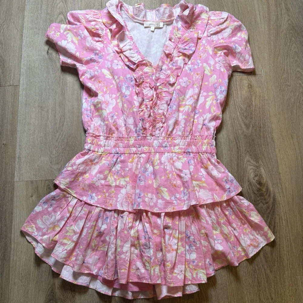 LoveShackFancy Ellis Mini Pink Party Bash Ruffle V-neck Cotton Summer Dress M - Picture 1 of 8